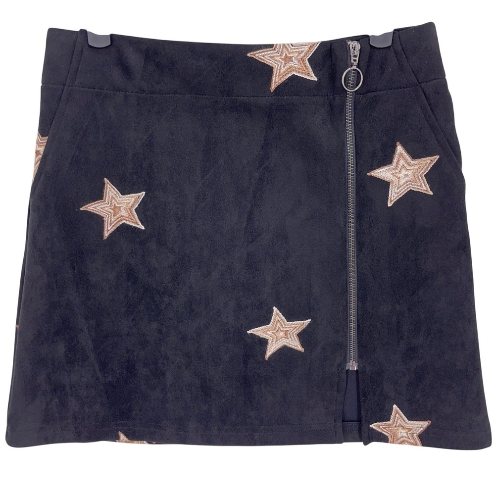 Promesa Black Faux Suede Star Mini Skirt S Embroidered Zip Front Pocketed